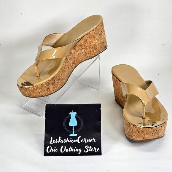 Jimmy Choo Nude Patent Leather Pathos Thong Cork Wedge Sandals Sz 39.5 (9) 024 - Picture 1 of 16
